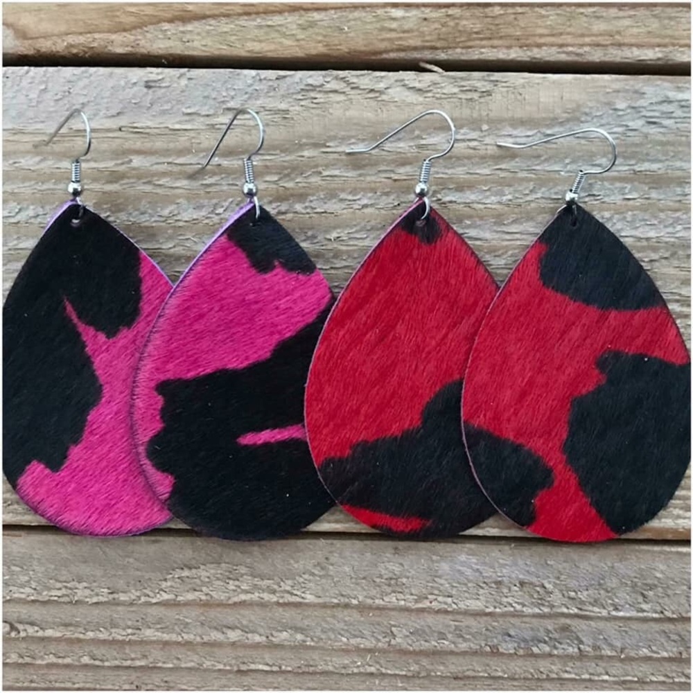 Earrings. Hair on Hide pink or red